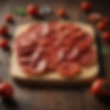 Artistic Pepperoni Arrangement An artistic representation of pepperoni slices arranged on a wooden board.