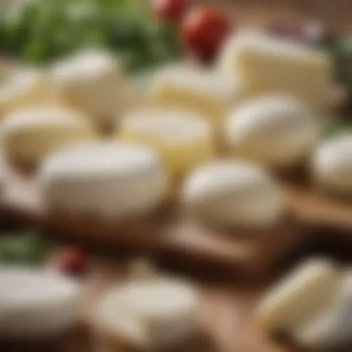 An assortment of mozzarella cheese types on a wooden board