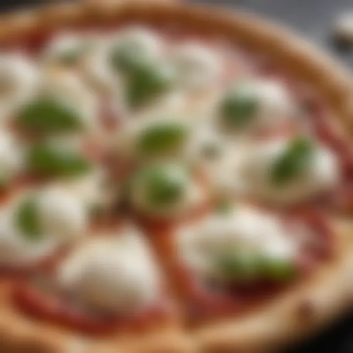 Freshly baked pizza topped with melted mozzarella and basil