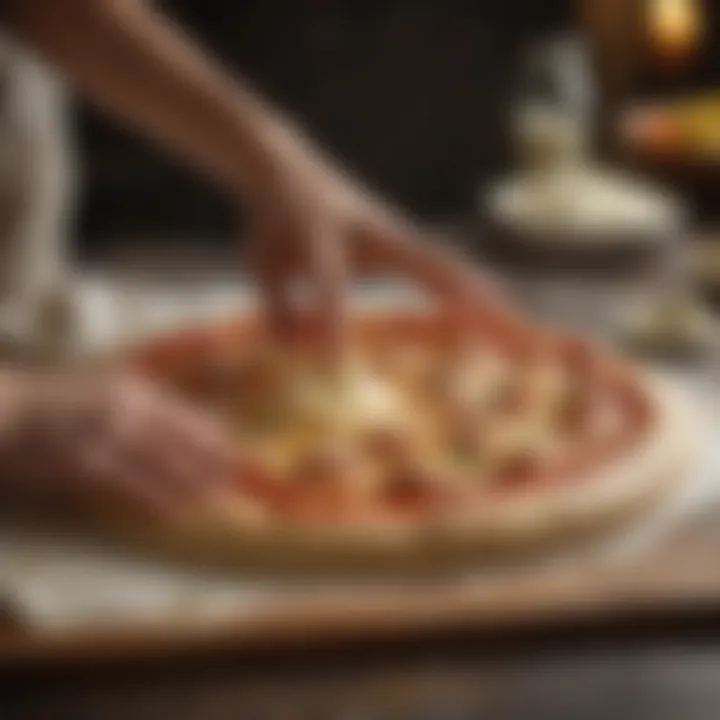 A close-up view of pizza dough being prepared