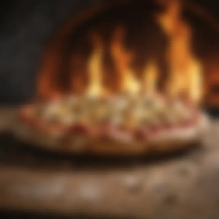 A pizza oven with flames and a pizza inside