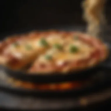 Close-up of a skillet with a bubbling cheese pizza, illustrating heat management.