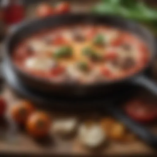 A vibrant hot skillet with fresh ingredients ready for pizza.