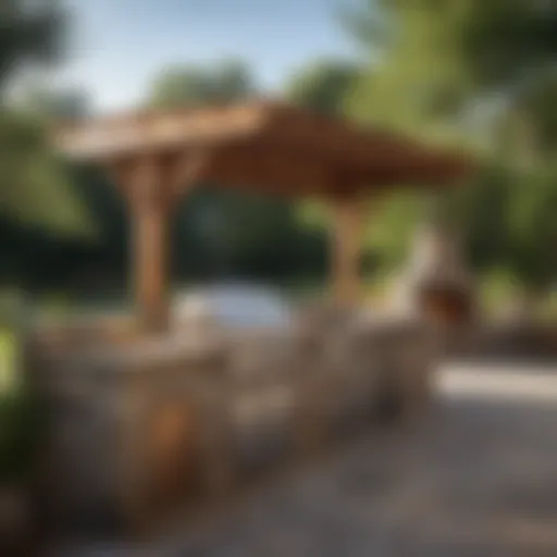 A beautifully designed outdoor wood fired kitchen with natural stone and rustic wood accents