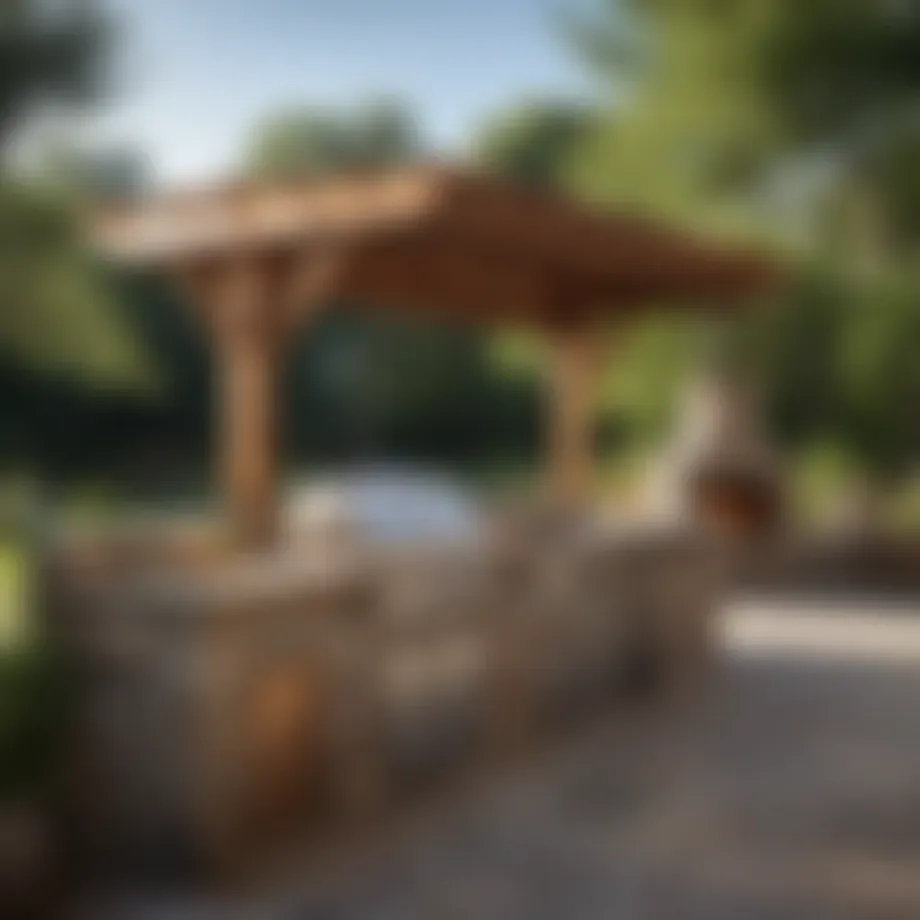 A beautifully designed outdoor wood fired kitchen with natural stone and rustic wood accents