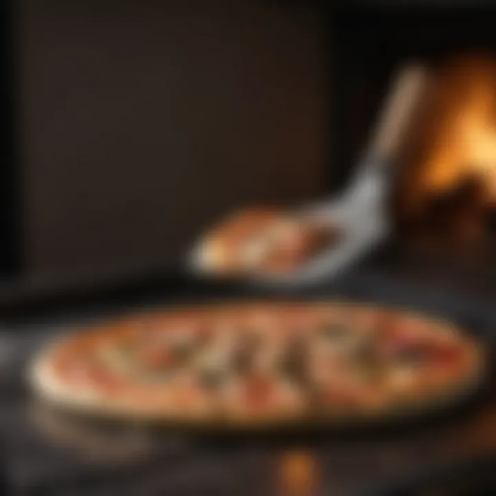 Metal pizza peel with pizza stone and oven
