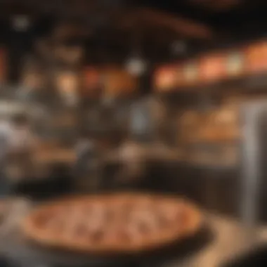 Bustling Pizzeria Atmosphere A bustling New York pizzeria filled with vibrant decor and classic pizza ovens.