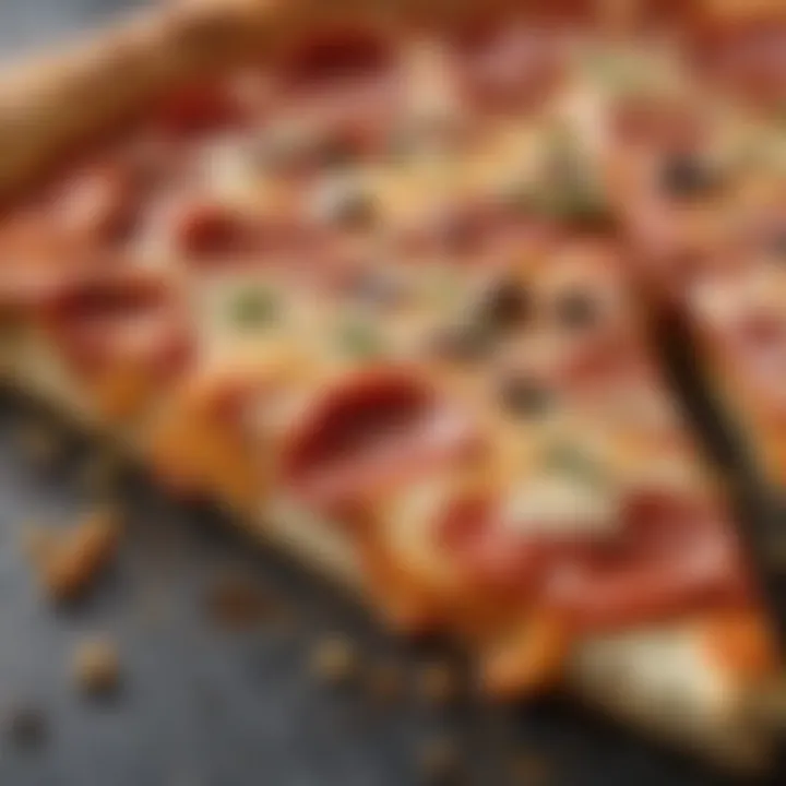 A close-up view of a classic New York-style pizza slice showcasing its crispy crust and gooey cheese.