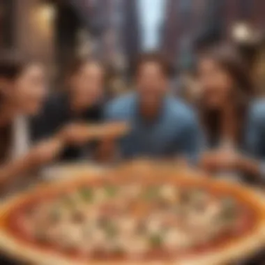 Enjoying Pizza with Friends A group of friends enjoying New York pizza in a lively urban setting.