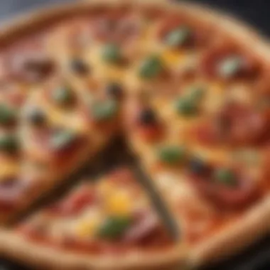 A close-up of a freshly baked frozen pizza with melted cheese and vibrant toppings.