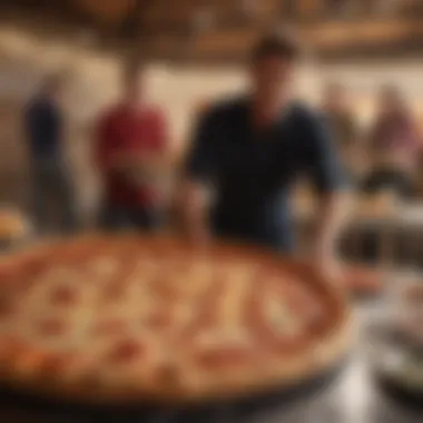 An array of giant frozen pizzas presented in a festive gathering, emphasizing social enjoyment.