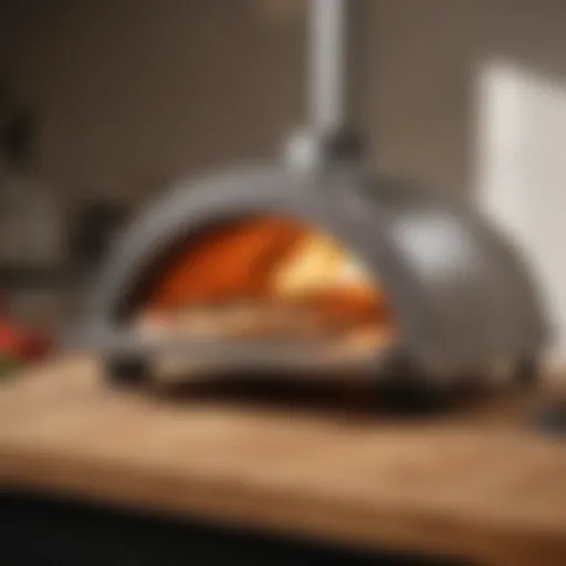 A sleek pizza oven turner resting on a wooden surface