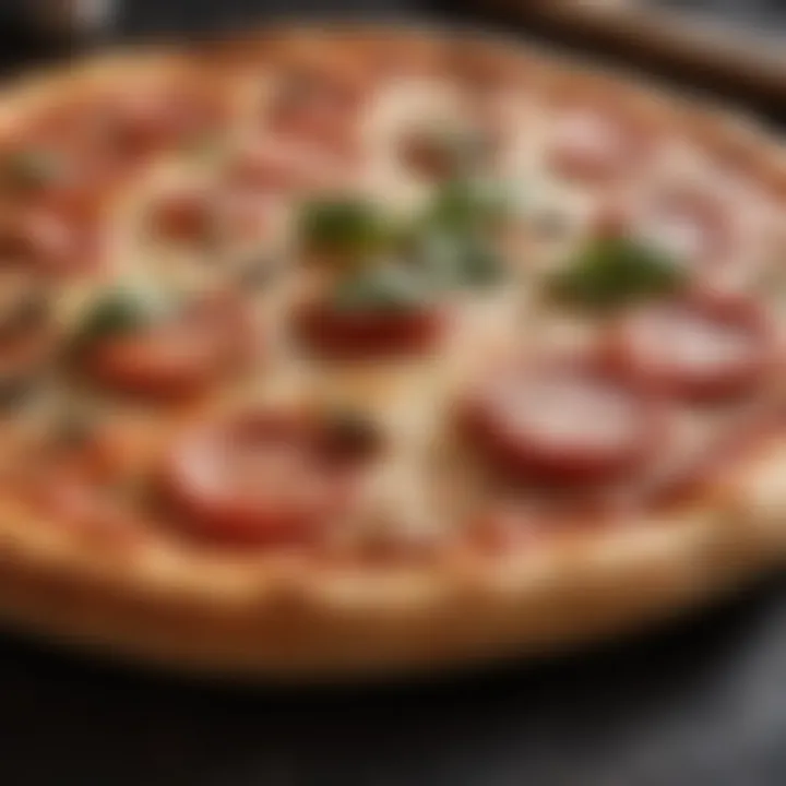 Close-up of a pizza being transferred with a paddle