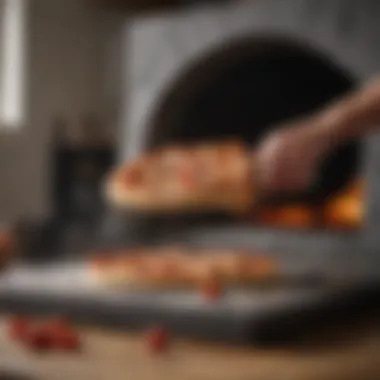 Expert Use of a Pizza Peel in Action A pizza being expertly slid onto a hot stone oven using a peel