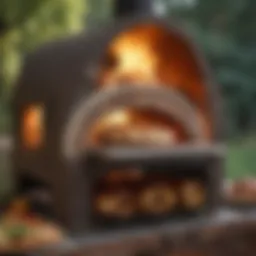An elegant portable brick oven with flames and pizza inside
