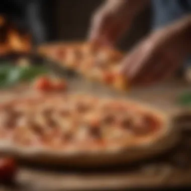 Effortless Pizza Removal with a Wooden Peel A freshly baked pizza being lifted off a pizza stone with a wooden peel.
