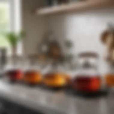 Variety of tea kettles displayed on a kitchen countertop