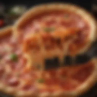 A slice of deep dish pizza showcasing its thick and flaky crust