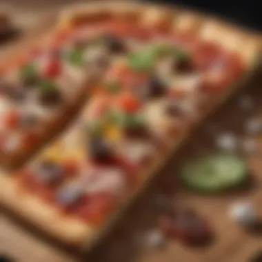 Close-up of a signature pizza slice with vibrant toppings