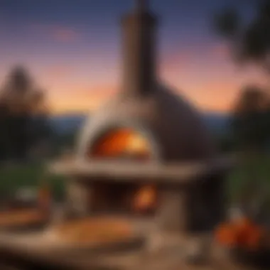 A serene evening scene featuring an outdoor wood fire oven glowing under a twilight sky