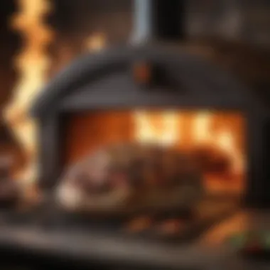 Wood-fired oven with flames roaring in the background