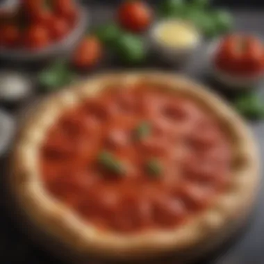 Rich, red tomato sauce spread on pizza dough