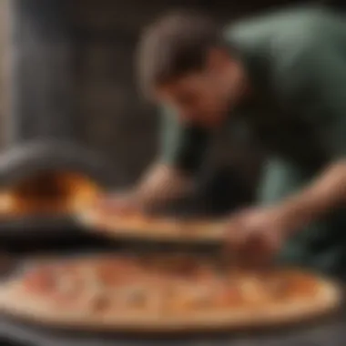 Transferring Artisan Pizza An artisan pizza being transferred from peel to stone