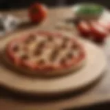 An elegant wooden pizza peel resting beside a pizza stone