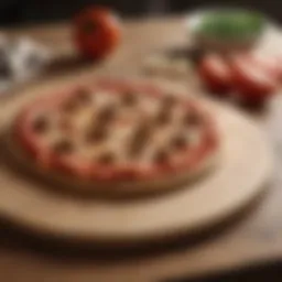 An elegant wooden pizza peel resting beside a pizza stone