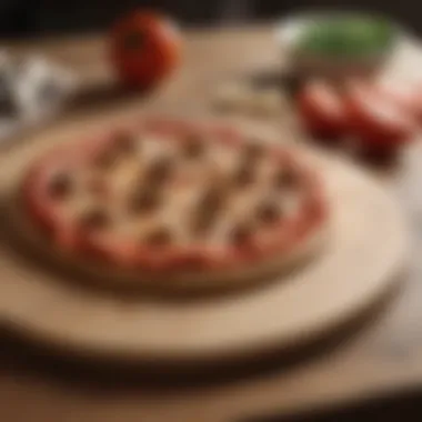 Elegant Wooden Pizza Peel An elegant wooden pizza peel resting beside a pizza stone