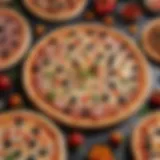 A vibrant display of assorted pizza toppings including peppers, olives, and meats.