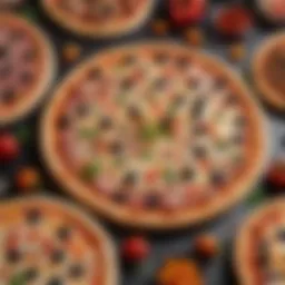 A vibrant display of assorted pizza toppings including peppers, olives, and meats.