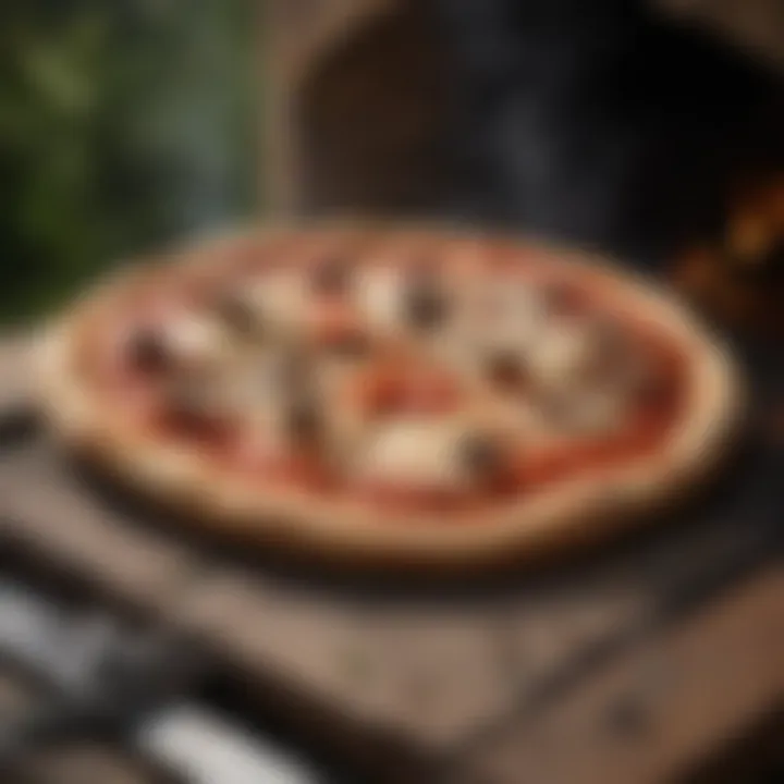 A beautifully cooked pizza emerging from an outdoor oven, highlighting the final product