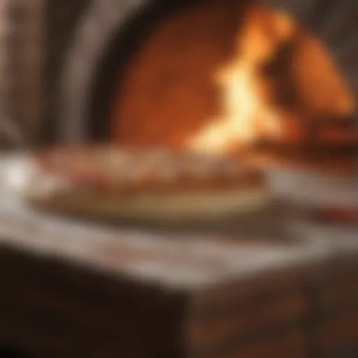 Handcrafted pizza dough being placed in the brick pizza oven