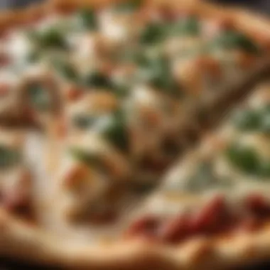 A close-up view of a freshly baked Chicken Florentine Pizza showcasing its golden crust