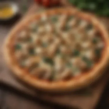 A gourmet Chicken Florentine Pizza served on a rustic wooden board