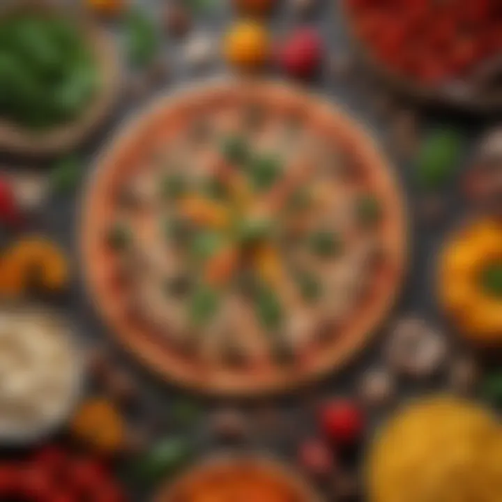 An assortment of colorful toppings including bell peppers, mushrooms, and spinach.