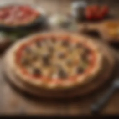 Elegant Presentation of Vegi Pizza An elegant presentation of a slice of vegi pizza on a rustic wooden table.