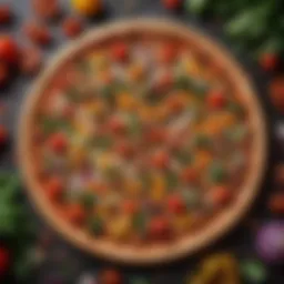 A vibrant array of fresh vegetables arranged artfully on a pizza crust.