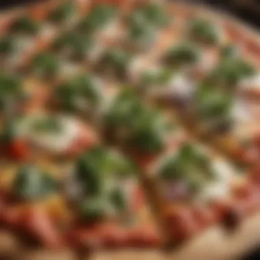 A close-up of a freshly baked vegi pizza with melted cheese and herbs.