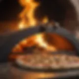 Wood-fired pizza oven emitting flames