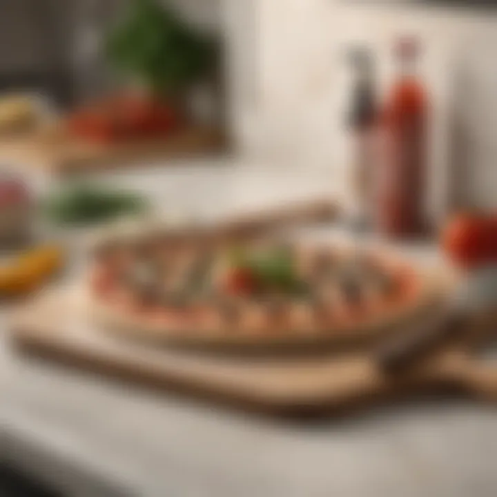 A well-organized kitchen countertop with pizza ingredients and a paddle ready for use.