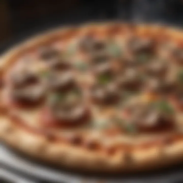 A freshly baked pizza nestled in the Weber pizza oven, highlighting the crust and toppings.