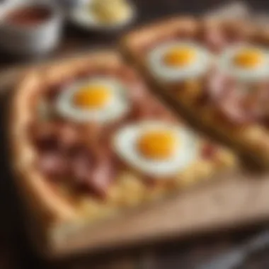 Savory Breakfast Delight A delectable slice of breakfast pizza topped with eggs and bacon