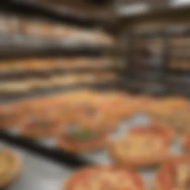 A variety of grocery store breakfast pizzas on display