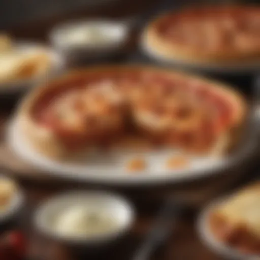 A delectable slice of Chicago-style deep dish pizza with thick crust and layers of cheese.