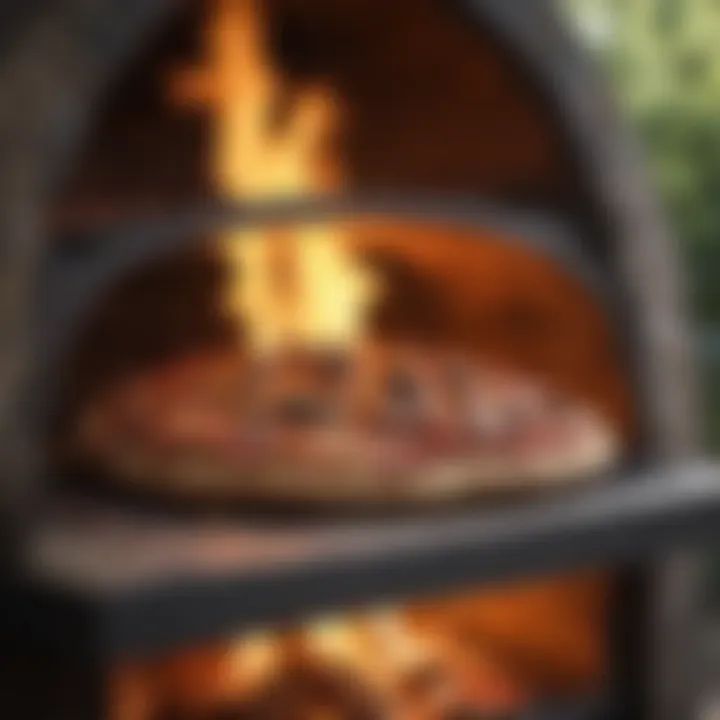 Close-up of a wood fire oven with flames dancing inside, showcasing the intense heat