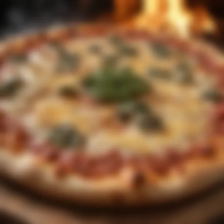 Close-up of bubbling cheese on a wood-fired pizza