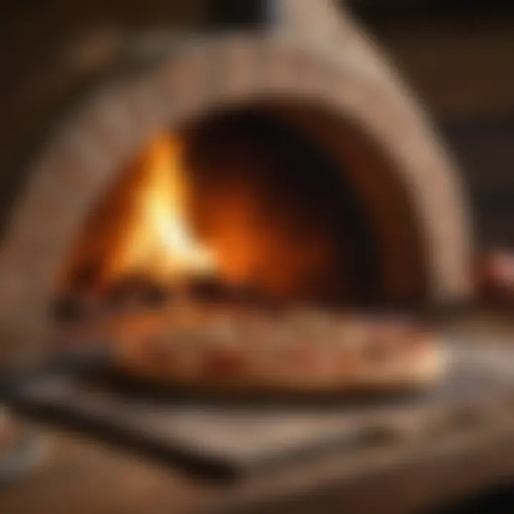 Wood-fired pizza oven emanating a warm glow, baking a delicious pizza to perfection