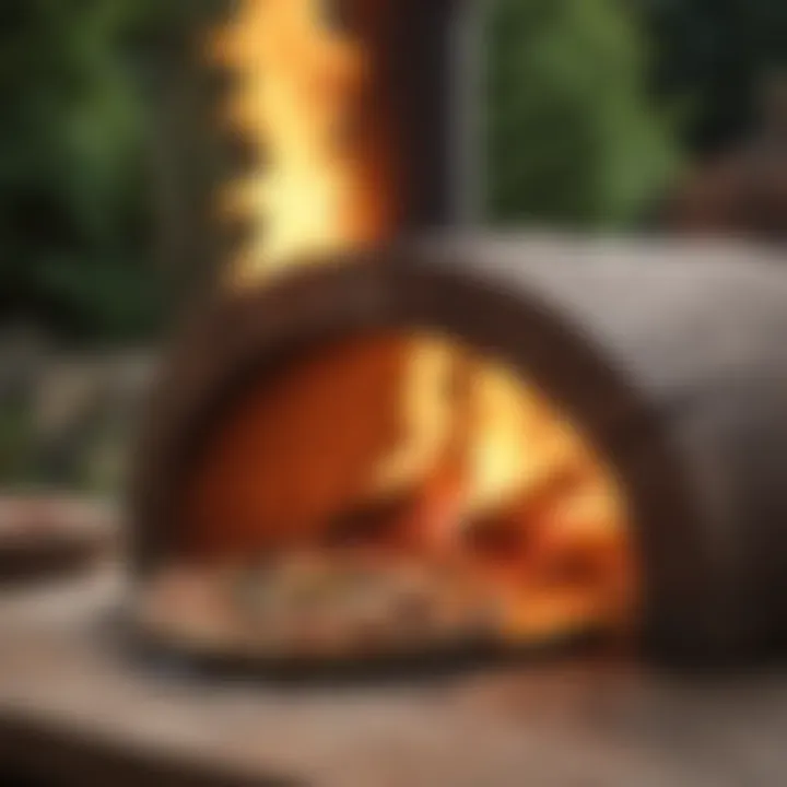 Wood-fired outdoor pizza oven emanating flames